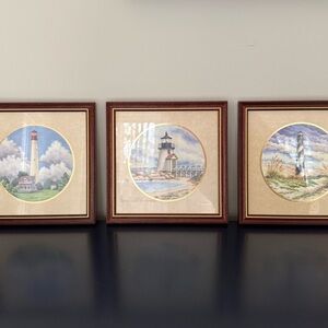 3 Framed + Matted Vintage 90s Lighthouse Wall Art Prints - Coastal Cottage